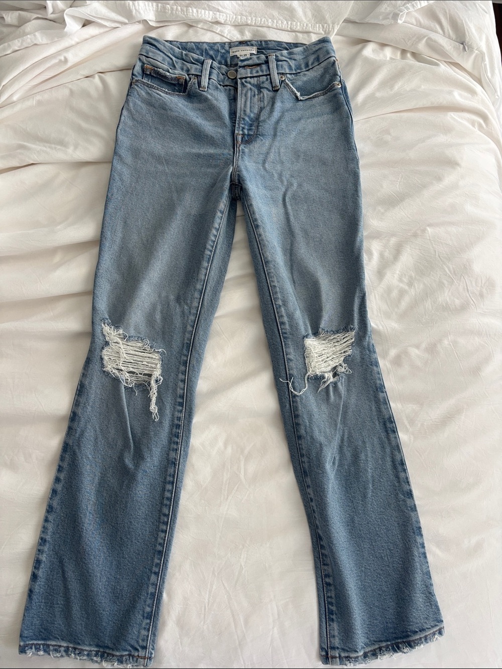 Good American Light Blue Distressed Flare Jeans